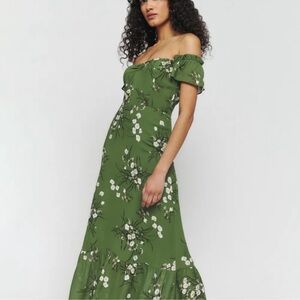 Reformation Olive Green One-Shoulder Floral Maxi Dress